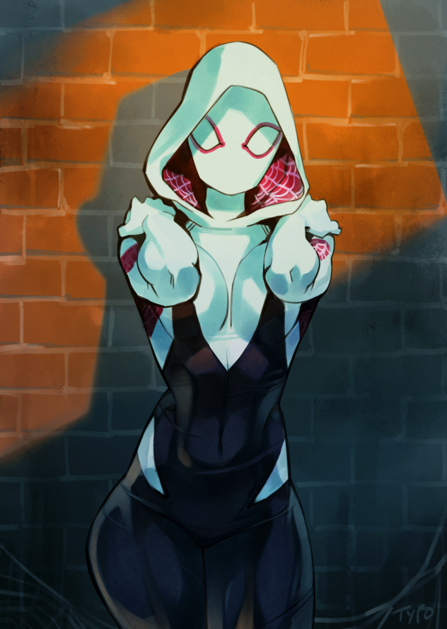 1girl breasts brick_wall commentary costume gwen_stacy hood hoodie looking_at_viewer mask medium_breasts optionaltypo solo spider-gwen spider-man_(series) thighs