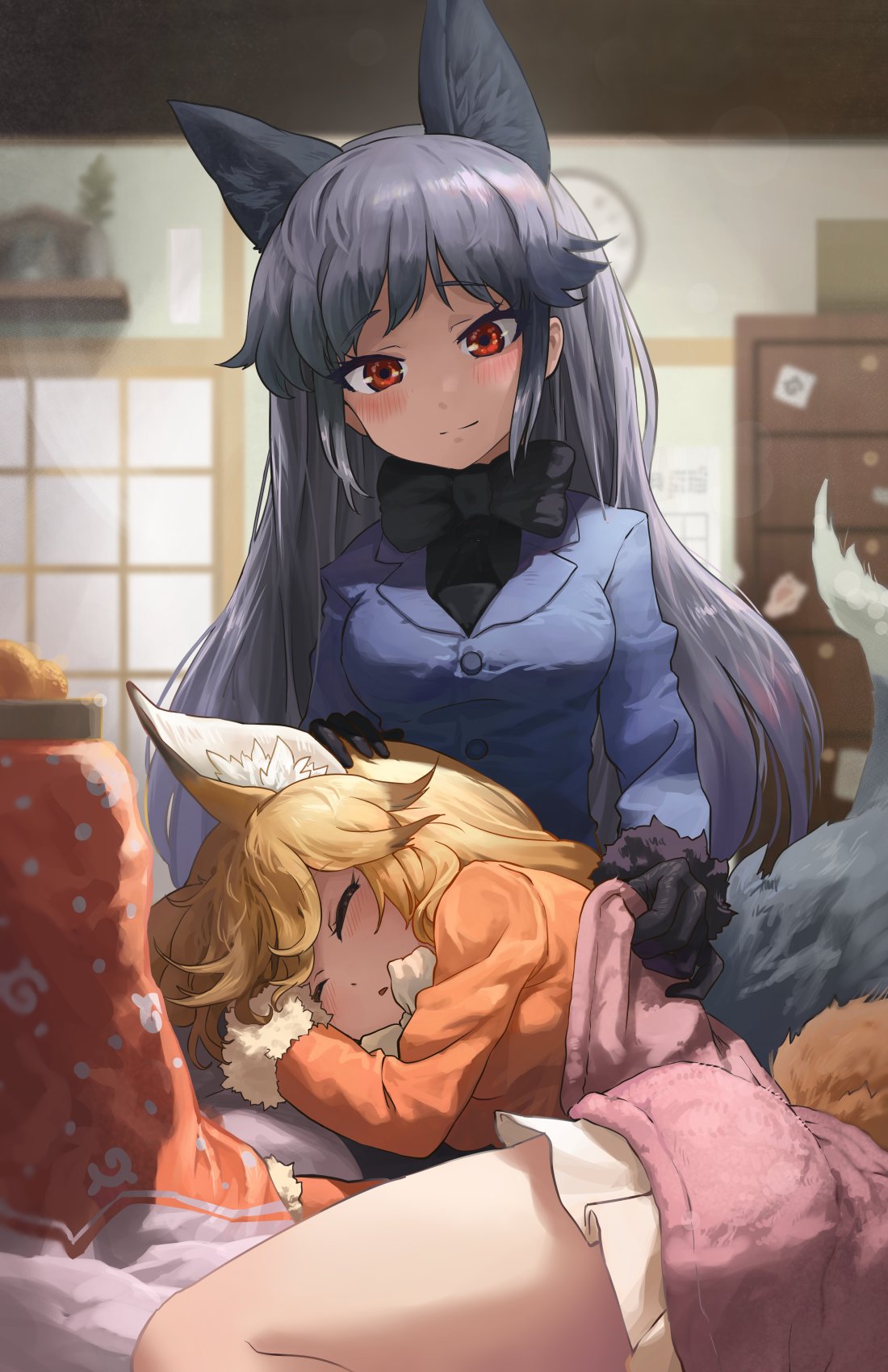 2girls animal_ears black_gloves black_neckwear blanket blue_jacket blush bow bowtie closed_eyes commentary_request eyebrows_visible_through_hair ezo_red_fox_(kemono_friends) fox_ears fox_girl fox_tail fur_trim gloves grey_hair highres jacket kemono_friends lap_pillow long_hair long_sleeves melaton multicolored_hair multiple_girls necktie orange_hair orange_jacket pantyhose pleated_skirt red_eyes sidelocks silver_fox_(kemono_friends) silver_hair sitting skirt sleeping tail white_hair white_skirt