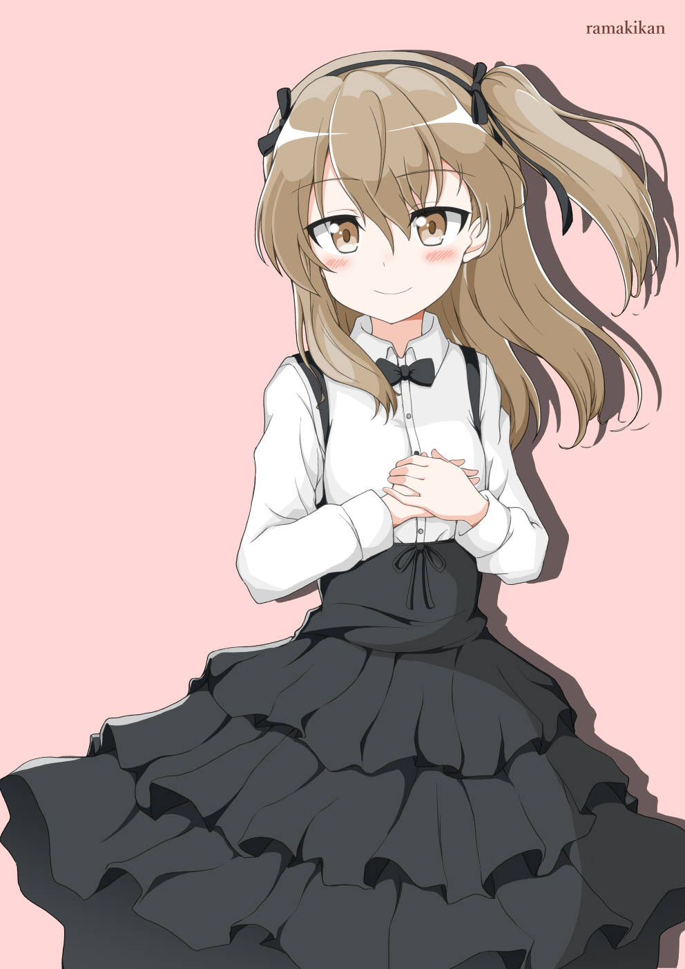 1girl artist_name bangs black_neckwear black_ribbon black_skirt bow bowtie casual closed_mouth collared_shirt commentary cowboy_shot eyebrows_visible_through_hair girls_und_panzer hair_ribbon hands_on_own_chest high-waist_skirt highres ikuno_(ramaki4kan) layered_skirt light_blush light_brown_eyes light_brown_hair long_hair long_sleeves looking_at_viewer medium_skirt one_side_up pink_background ribbon shadow shimada_arisu shirt simple_background skirt smile solo standing suspender_skirt suspenders white_shirt wind