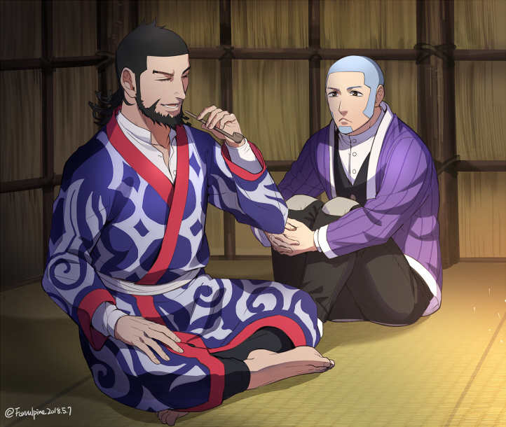 2boys ainu_clothes beard black_hair black_pants black_vest blue_eyes blue_kimono buzz_cut closed_eyes crossed_legs earrings facial_hair foxvulpine full_body goatee golden_kamuy grey_hair hoop_earrings jacket japanese_clothes jewelry kimono kiroranke leg_hug looking_at_another male_focus multiple_boys open_clothes open_jacket pants purple_jacket shiraishi_yoshitake short_hair sideburns very_short_hair vest