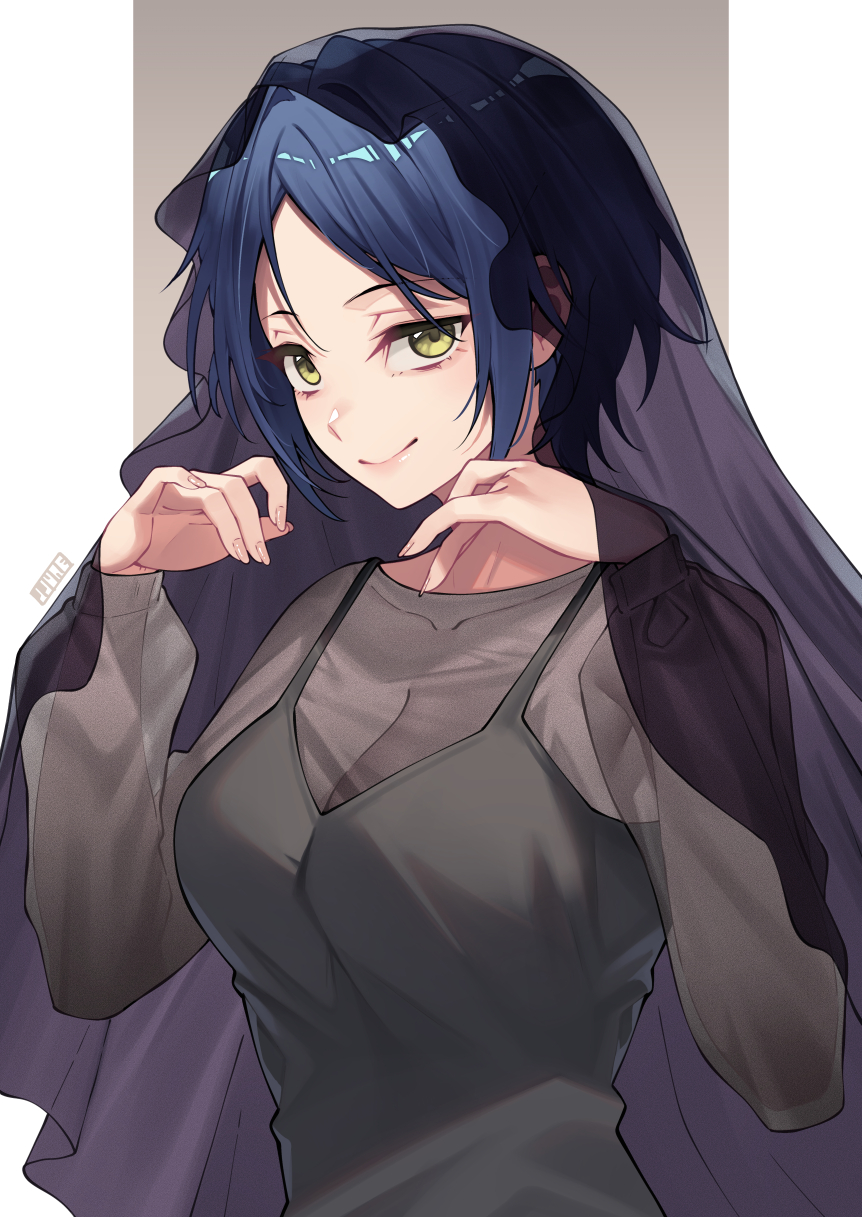 1girl arms_up blouse blue_hair hayami_kanade highres idolmaster idolmaster_cinderella_girls jjune see-through_shirt signature smile solo upper_body veil yellow_eyes