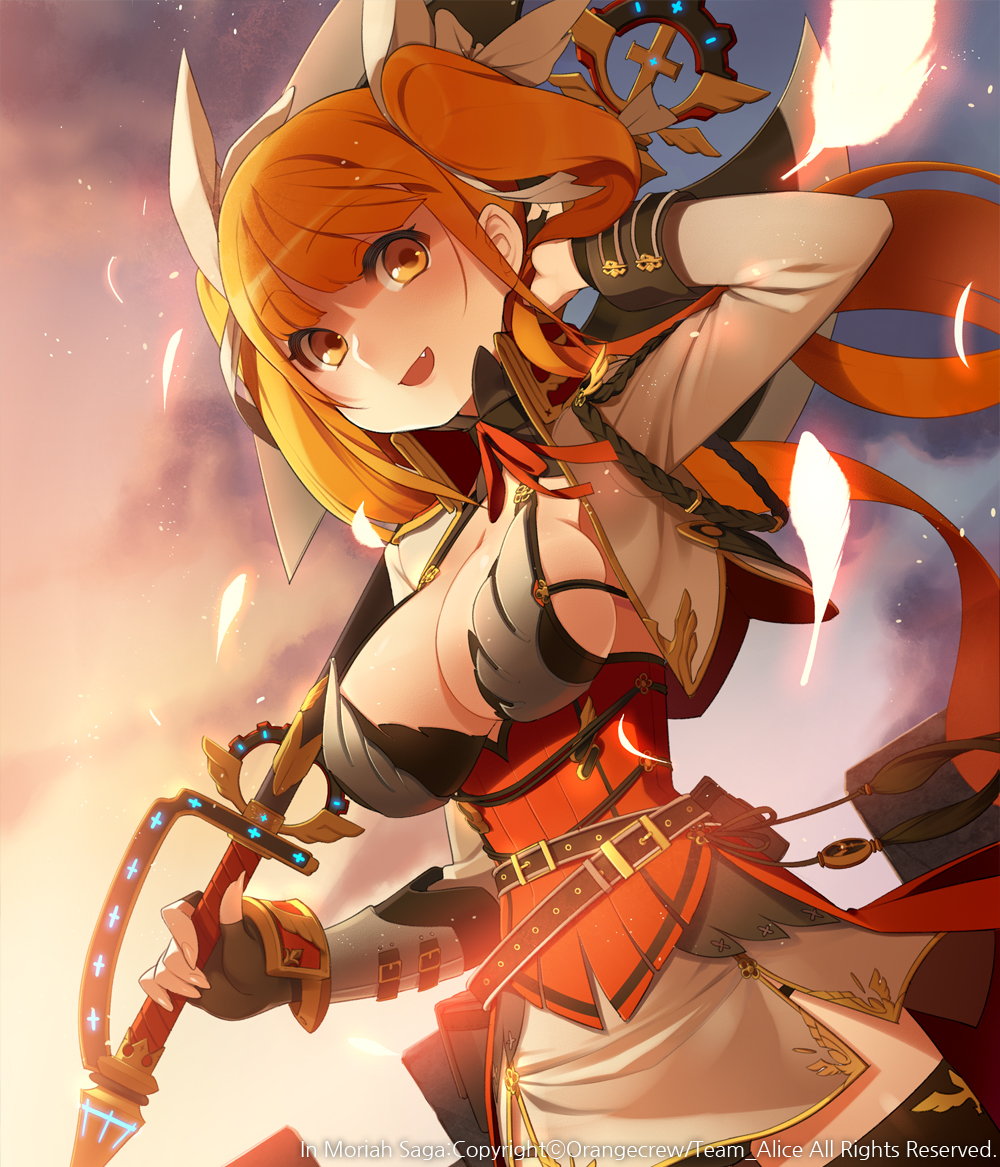 1girl bikini_top black_gloves black_legwear black_panties breasts cleavage cropped_jacket fang feathers fingerless_gloves gloves long_hair orange_eyes orange_hair panties single_glove skindentation skirt smile solo ssberit sword thighhighs twintails underwear watermark weapon