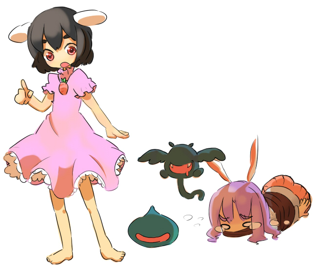 bad_id barefoot bunny_ears chibi dragon_quest drakee inaba_tewi rabbit_ears rawan reisen_udongein_inaba slime slime_(dragon_quest) tears tied touhou