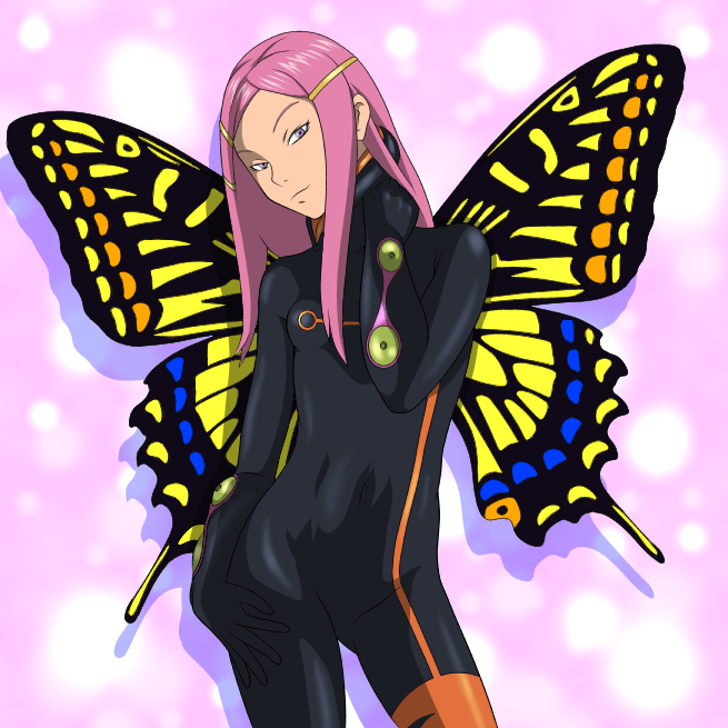 bodysuit butterflies butterfly eureka_7 eureka_seven eureka_seven_(series) flat_chest long_hair nike_(artist) pink_eyes pink_hair plugsuit single_vertical_stripe skin_tight solo spandex wings