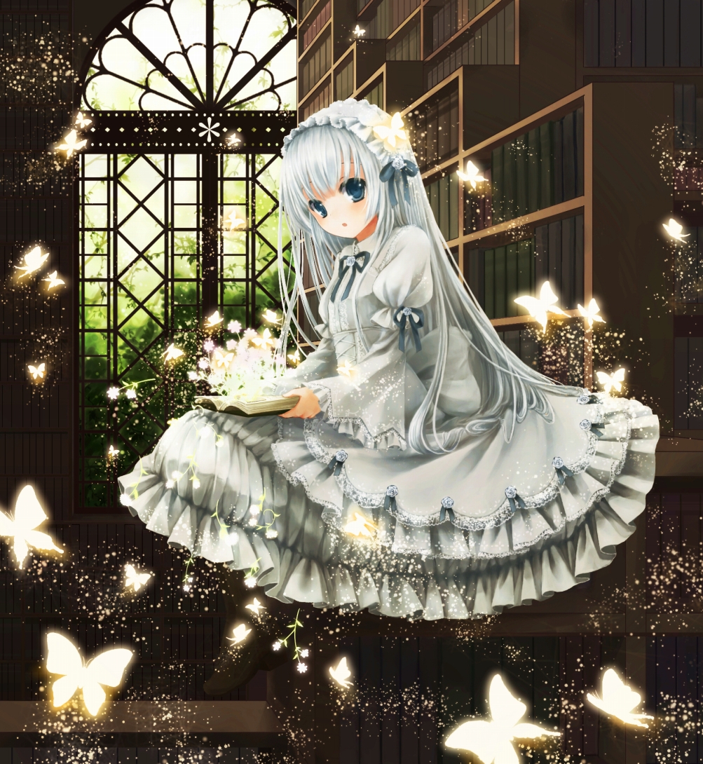 1girl blue_eyes blush book bow butterfly coluel dress flower frilled_dress frills gothic_lolita hair_ornament hairband headband holding holding_book lolita_fashion long_hair looking_at_viewer open_book open_mouth original ribbon shoes silver_hair sitting skirt solo too_many_books violet_eyes white_dress