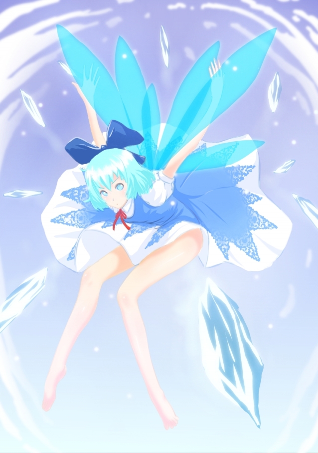 arms_up bad_id barefoot blue_dress blue_eyes blue_hair bow cirno code49 danmaku dress hair_bow ice large_bow legs nanahime_(aoi) short_hair solo touhou wings