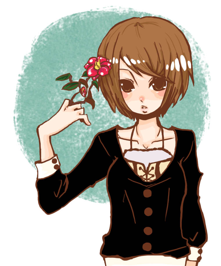 androgynous brown_eyes brown_hair flower kaprice short_hair