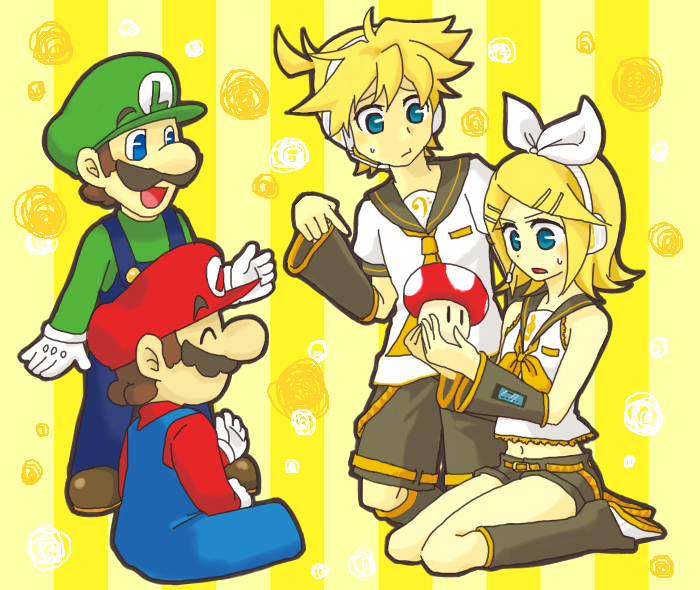 1girl 3boys artist_request brother_and_sister brothers detached_sleeves facial_hair gloves hair_ornament hair_ribbon hairclip hat headphones kagamine_len kagamine_rin luigi mario multiple_boys multiple_girls mushroom mustache navel open_mouth overalls ribbon shorts siblings smile super_mario_bros. super_mushroom twins vocaloid white_gloves zettai_ryouiki