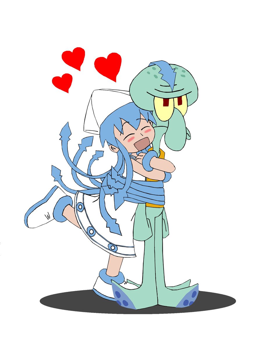 1boy 1girl blue_hair crossover hat highres ikamusume long_hair open_mouth shinryaku!_ikamusume spongebob_squarepants squid_hat squidward_tentacles tentacle_hair