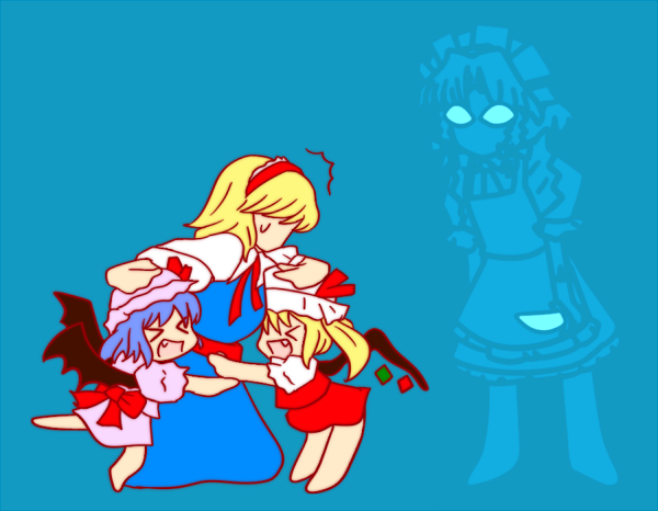 &gt;_&lt; /\/\/\ 4girls alice_margatroid angry bat_wings blonde_hair blue_hair colored dress fang flandre_scarlet hairband hat hat_ribbon holding_knife hug hug_from_behind izayoi_sakuya knife looking_at_another maid maid_apron maid_headdress monochrome multiple_girls nove_(yurukotatsu) open_mouth pink_dress puffy_short_sleeves puffy_sleeves red_dress remilia_scarlet ribbon short_hair short_sleeves side_ponytail skirt skirt_set smiley_face standing surprised sweat touhou vampire wings worried
