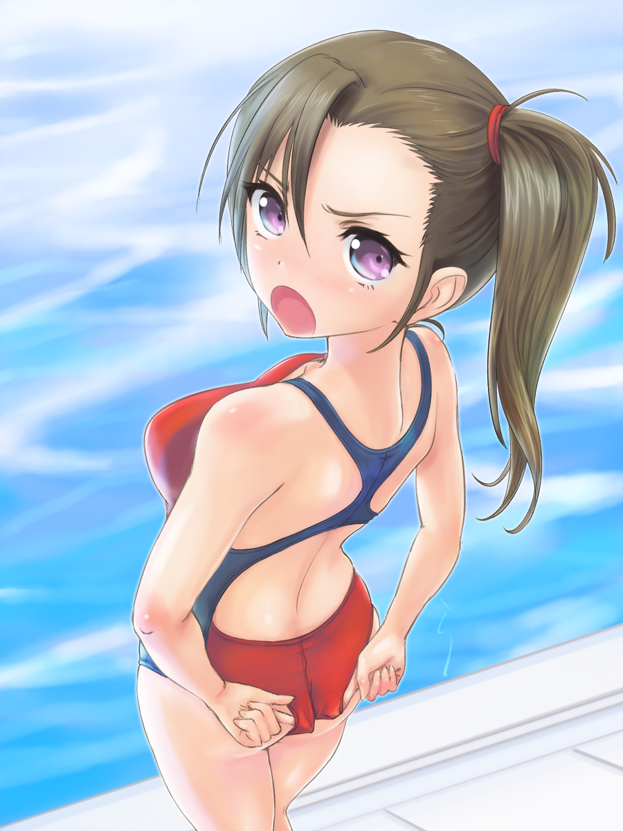 1girl adjusting_clothes adjusting_swimsuit ass bikini blush breasts brown_hair from_behind highres long_hair looking_back one-piece_swimsuit open_mouth original pool rasukaru solo swimsuit violet_eyes