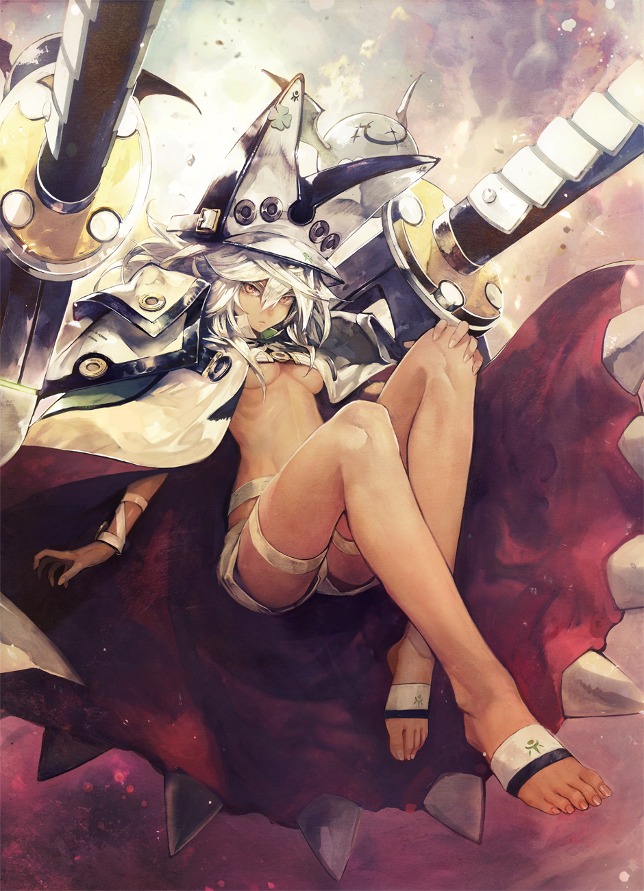 &gt;:( 1girl arm_guards banpai_akira barefoot breasts cannon cape clover dark_skin dark-skinned_female feet four-leaf_clover frown guilty_gear guilty_gear_xrd hand_on_own_knee hat highres jewelry looking_at_viewer machinery orange_eyes ramlethal_valentine revision serious short_hair shorts silver_hair small_breasts solo spikes stomach toes turret under_boob v-shaped_eyebrows white_cape