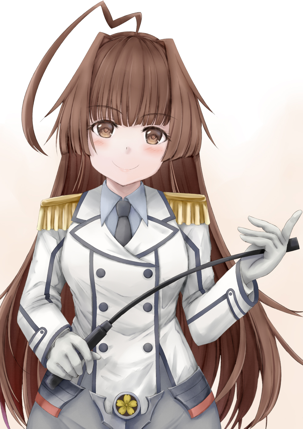 1girl ahoge alternate_costume black_neckwear breasts brown_eyes brown_hair cosplay double-breasted epaulettes gloves grey_skirt highres holding holding_pointer huge_ahoge kantai_collection katori_(kantai_collection) katori_(kantai_collection)_(cosplay) koru_pera kuma_(kantai_collection) long_hair long_sleeves looking_at_viewer military military_uniform miniskirt necktie pointer riding_crop skirt small_breasts smile solo uniform upper_body white_gloves