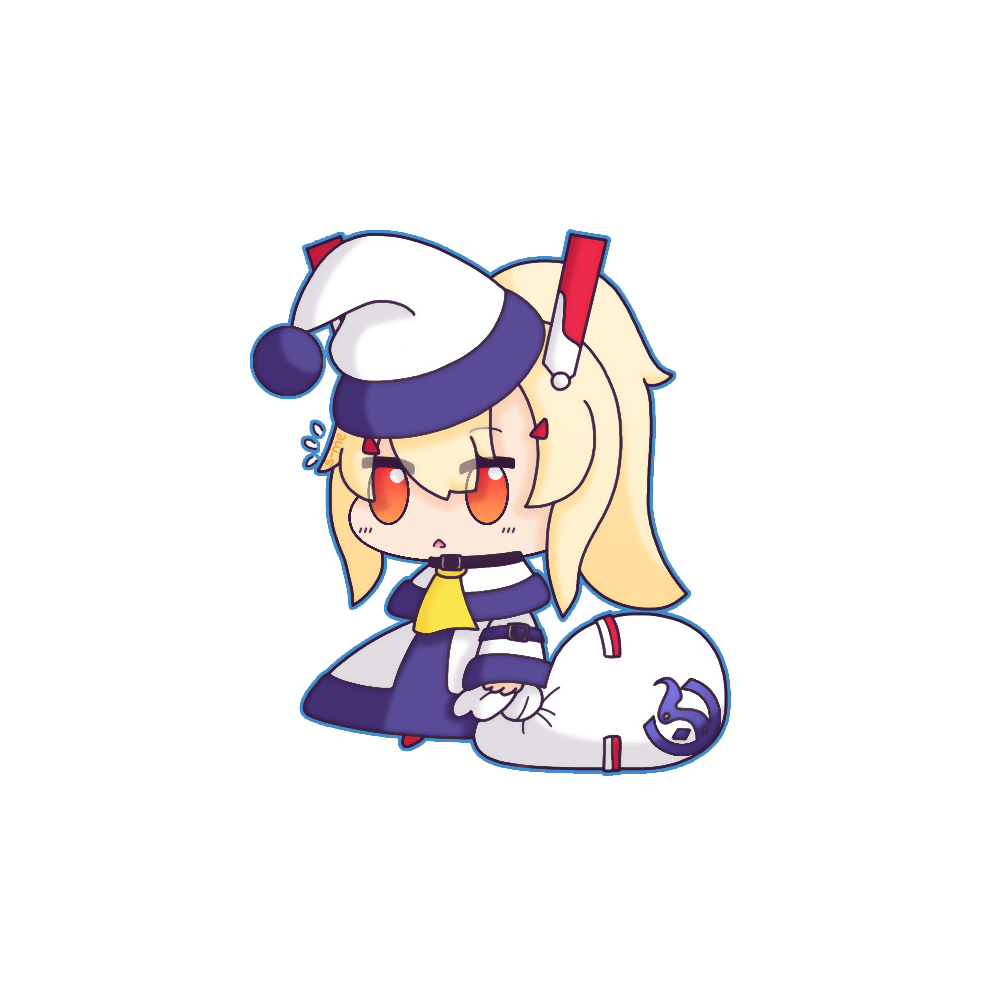 1girl alternate_costume ascot ayanami_(azur_lane) azur_lane belt chibi choker christmas commentary_request eyebrows_visible_through_hair eyes_visible_through_hair hair_ornament hairclip hat headgear holding long_hair looking_at_viewer morgane orange_eyes padoru parted_lips platinum_blonde_hair ponytail retrofit_(azur_lane) santa_costume santa_hat simple_background solo triangle_mouth white_background