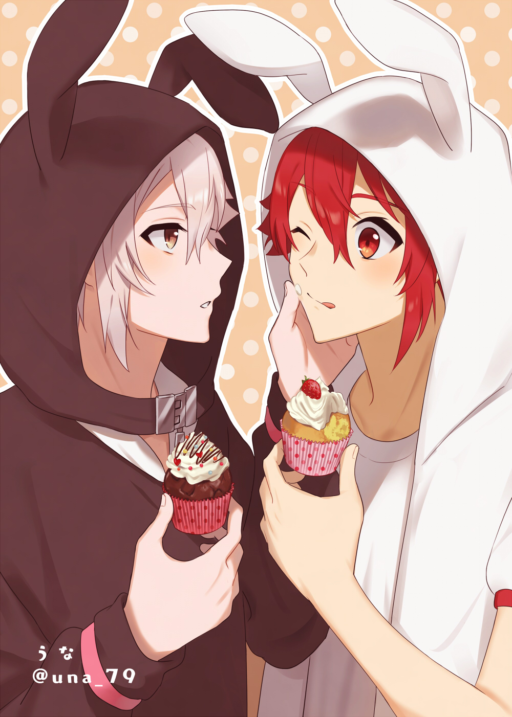 2boys :q animal_hood artist_name brown_eyes bunny_hood cupcake eyebrows_visible_through_hair food food_on_face fruit hair_between_eyes hand_on_another's_face highres holding holding_food hood hood_up idolish_7 kujou_tenn long_sleeves looking_at_another male_focus multiple_boys nanase_riku one_eye_closed orange_background outline polka_dot polka_dot_background red_eyes redhead short_hair short_sleeves strawberry tongue tongue_out twitter_username unapoppo upper_body white_hair white_outline