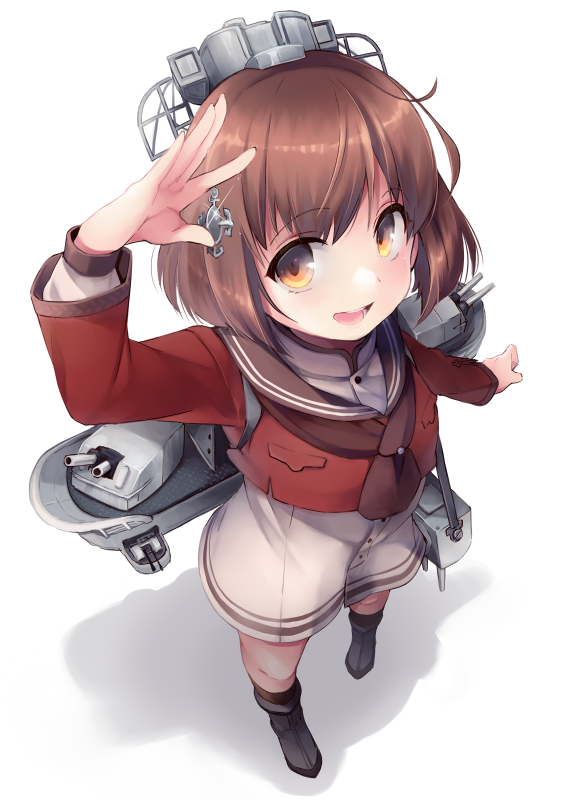 1girl brown_eyes brown_hair brown_neckwear dress from_above full_body grey_sailor_collar hair_ornament hairclip headgear kantai_collection looking_at_viewer machinery neckerchief nigo open_mouth red_shirt round_teeth sailor_collar sailor_shirt salute shirt short_hair simple_background solo standing tan_yang_(kantai_collection) teeth upper_teeth white_background white_dress yukikaze_(kantai_collection)