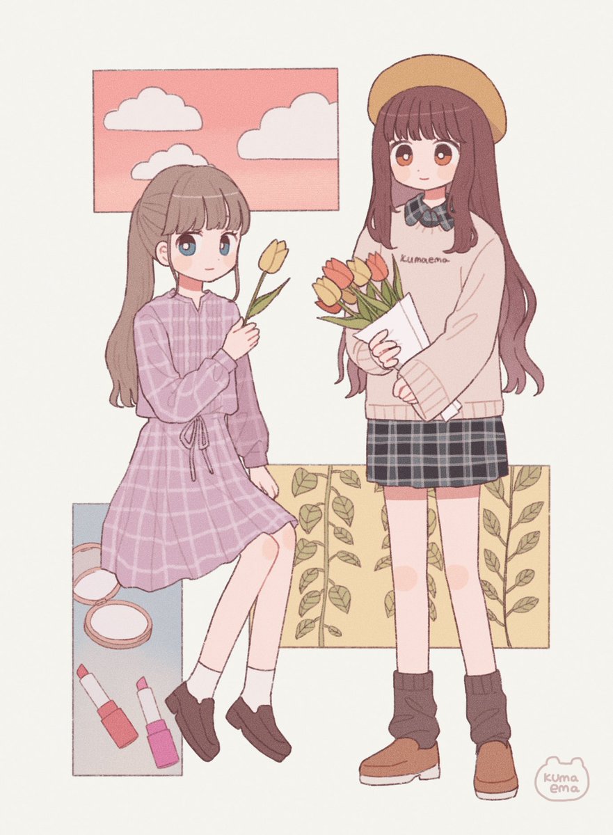 2girls artist_name bangs beret blue_eyes blunt_bangs bouquet bright_pupils brown_footwear brown_hair brown_legwear brown_sweater closed_mouth dress flower hat highres holding holding_bouquet holding_flower invisible_chair loafers long_hair long_sleeves looking_at_viewer multiple_girls nokanok orange_flower orange_headwear original pink_dress plaid plaid_dress ponytail puffy_long_sleeves puffy_sleeves shoes sidelocks sitting sleeves_past_wrists smile socks standing sweater symbol_commentary tulip white_legwear white_pupils wing_collar yellow_flower