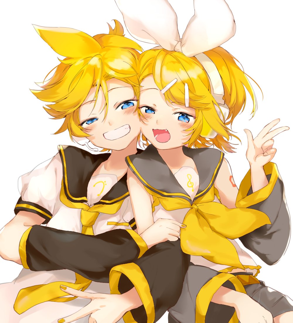 1boy 1girl arm_warmers bangs bare_shoulders bass_clef black_collar black_sleeves blonde_hair blue_eyes blush bow brother_and_sister collar commentary english_commentary fang grin hair_bow hair_ornament hairclip half-closed_eyes hand_up headphones headset kagamine_len kagamine_rin locked_arms looking_at_viewer nail_polish neckerchief necktie open_mouth oyamada_gamata sailor_collar school_uniform shirt short_hair short_shorts shorts shoulder_tattoo siblings sleeveless sleeveless_shirt smile spiky_hair swept_bangs tattoo treble_clef twins upper_body vocaloid w white_background white_bow white_shirt yellow_nails yellow_neckwear