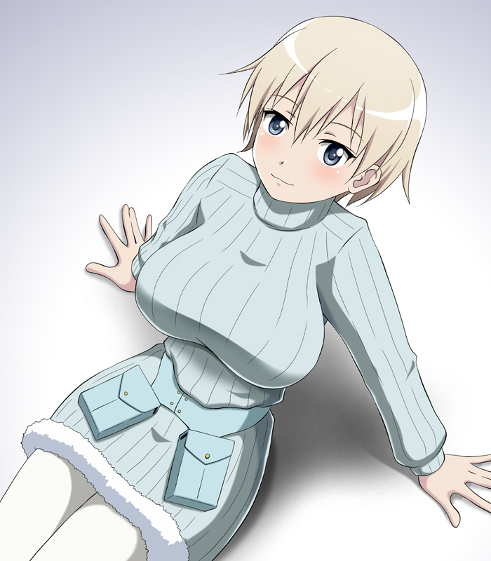 1girl arm_support blonde_hair blue_eyes blue_sweater blush brave_witches breasts closed_mouth hiro_yoshinaka large_breasts looking_at_viewer nikka_edvardine_katajainen pantyhose shadow shiny shiny_hair shiny_skin short_hair simple_background sitting smile solo sweater white_background white_legwear world_witches_series