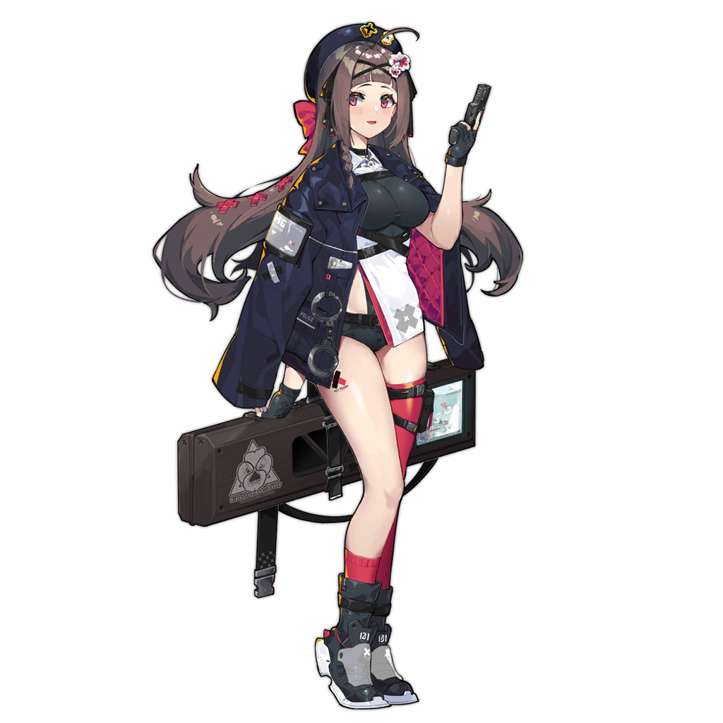 1girl ahoge artist_request asymmetrical_legwear bangs belt beret black_gloves black_shorts blue_headwear blunt_bangs blush braid breasts brown_hair cuffs fingerless_gloves flower girls_frontline gloves gun hair_flower hair_ornament hair_ribbon handcuffs handgun hat holding holding_gun holding_weapon jacket kneehighs large_breasts long_hair long_sleeves off_shoulder official_art pink_eyes pink_legwear rex_zero_1_(girls_frontline) ribbon shorts side_braid single_kneehigh single_thighhigh sleeves_past_wrists solo thigh-highs thigh_strap transparent_background weapon