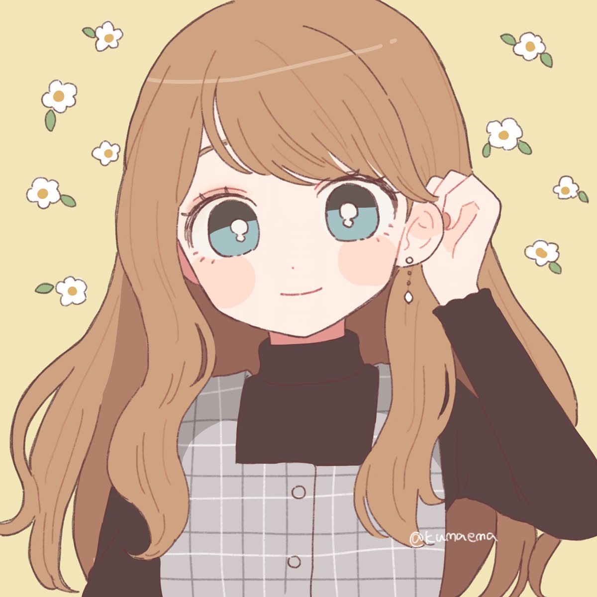 1girl adjusting_hair aqua_eyes bangs black_sweater bright_pupils brown_hair closed_mouth earrings floral_background hand_up highres jewelry long_hair long_sleeves looking_at_viewer nokanok original plaid smile solo sweater swept_bangs symbol_commentary twitter_username upper_body white_pupils yellow_background