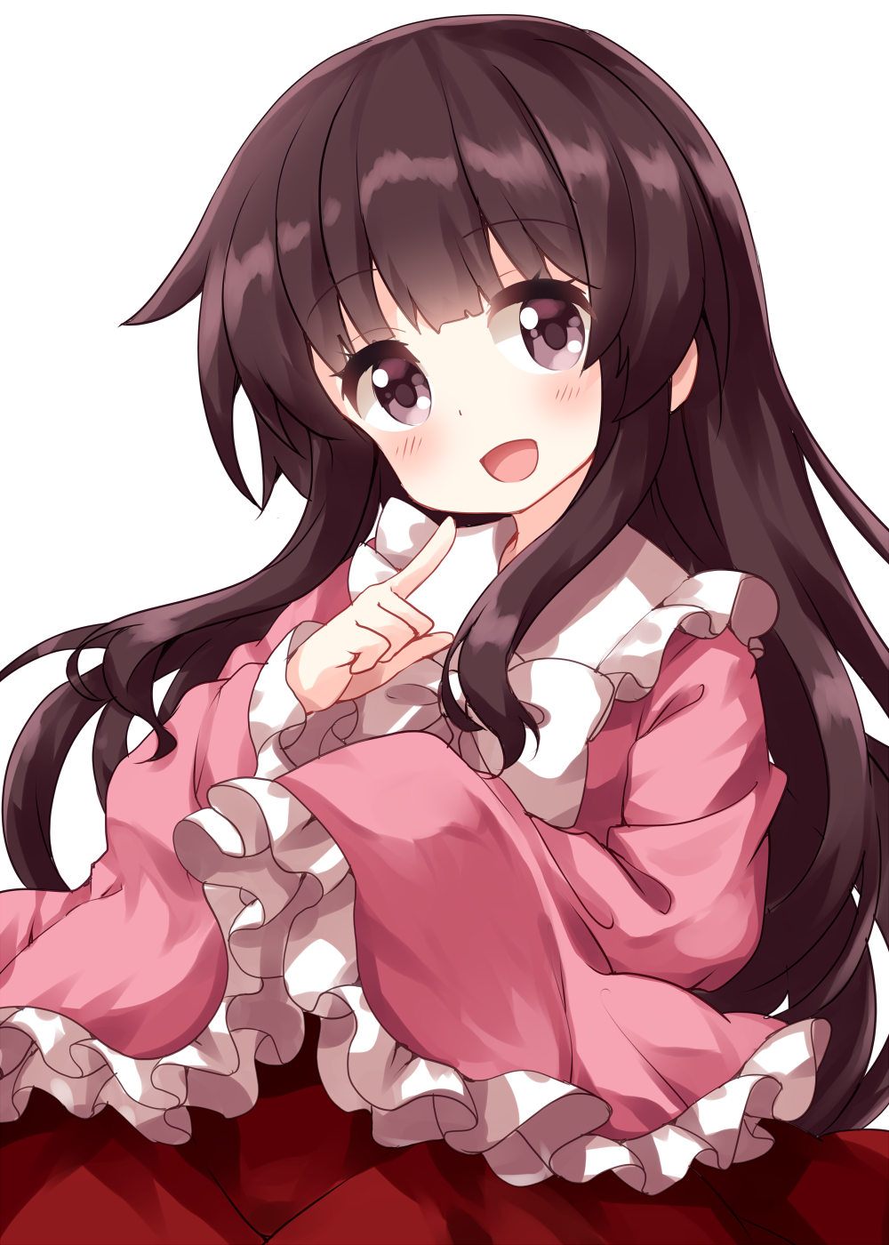 1girl bangs blunt_bangs bow bowtie brown_eyes eyebrows_visible_through_hair frilled_sleeves frills highres hime_cut houraisan_kaguya index_finger_raised japanese_clothes kimono long_hair long_sleeves looking_at_viewer open_mouth pink_kimono red_skirt ruu_(tksymkw) simple_background skirt smile solo standing touhou white_background white_bow white_neckwear wide_sleeves