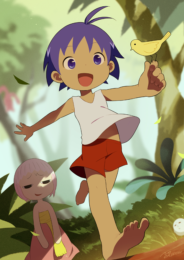 1boy 1girl :d animal antenna_hair bare_arms barefoot bird bird_on_hand blue_eyes blue_hair child commentary_request dark_skin dark_skinned_male day dress dutch_angle guu hare jungle jungle_wa_itsumo_hare_nochi_guu leaf nature noeyebrow_(mauve) open_mouth outdoors outstretched_arms pink_hair red_shorts running short_hair shorts signature smile strapless strapless_dress tank_top