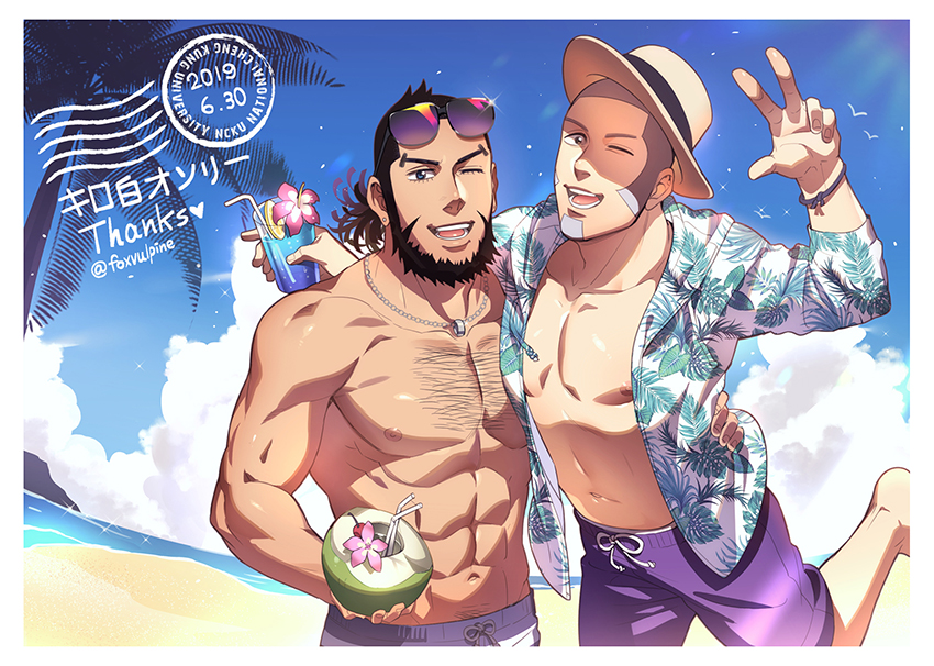 2boys abs alternate_costume bare_pecs beard black_hair blue_eyes buzz_cut casual chest_hair cocktail_glass coconut contemporary couple cup dark_skin dark_skinned_male dated drinking_glass earrings english_text eyewear_on_head facial_hair foxvulpine goatee golden_kamuy grey_hair hand_on_another's_waist hat hoop_earrings jacket jewelry kiroranke leg_up male_focus male_swimwear multiple_boys muscle navel nipples one_eye_closed open_clothes open_jacket pectorals purple_shorts shiraishi_yoshitake short_hair shorts sideburns swim_trunks swimwear toned toned_male v very_short_hair