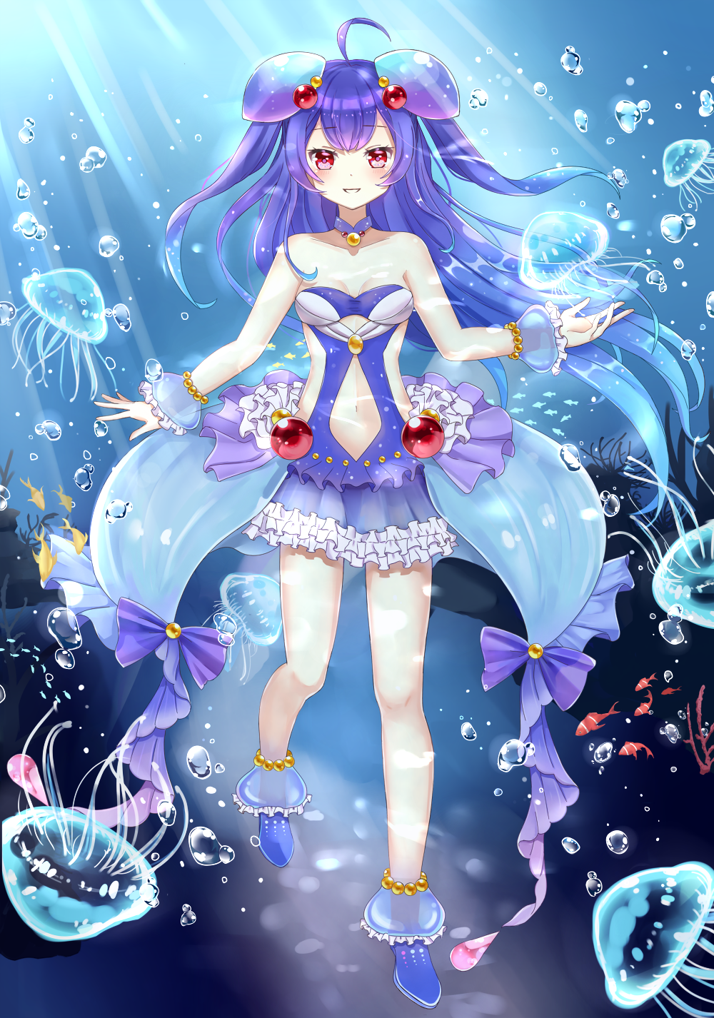 1girl ahoge air_bubble bangle bangs bare_legs bare_shoulders beads blue_dress blue_footwear blue_hair blue_swimsuit bracelet bubble clothing_cutout coral dress fish frilled_dress frilled_swimsuit frills full_body highres jellyfish jewelry long_hair navel navel_cutout noa_(shironeko_project) red_eyes shironeko_project shoes solo sunameri_(pixiv3564245) swimsuit underwater