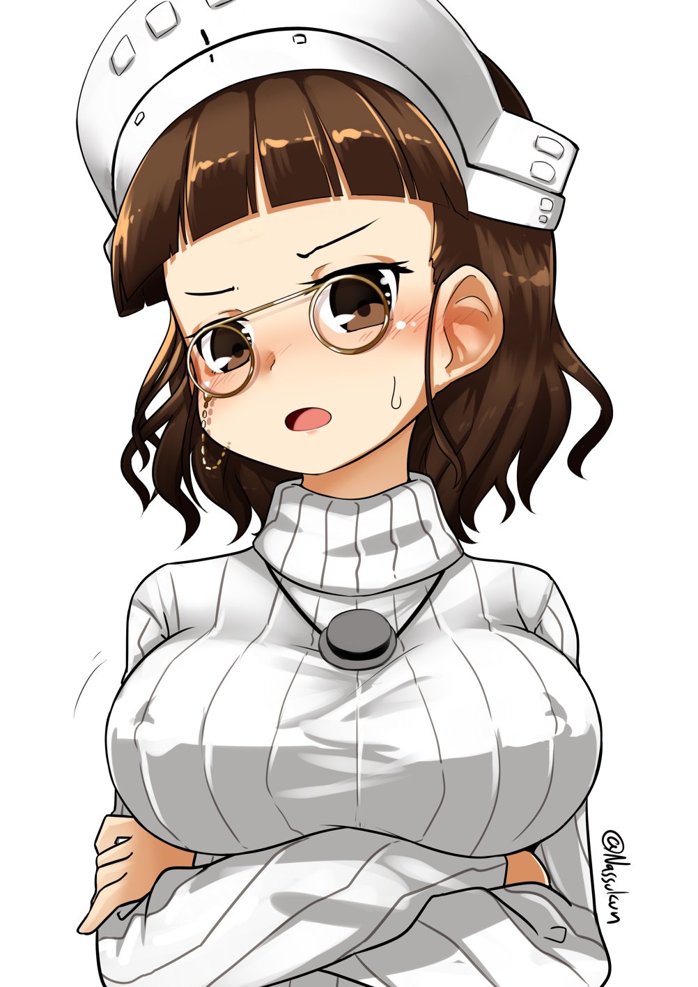 1girl bangs blunt_bangs brown_eyes brown_hair capelet commentary_request crossed_arms glasses headdress highres jewelry kantai_collection looking_at_viewer nassukun necklace official_alternate_costume pince-nez ribbed_sweater roma_(kantai_collection) simple_background solo sweater twitter_username wavy_hair white_background white_sweater