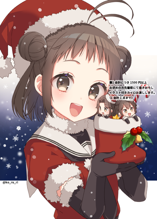 3girls adapted_costume antenna_hair black_gloves brown_eyes brown_hair christmas_stocking double_bun elbow_gloves fur-trimmed_gloves fur-trimmed_shirt fur_trim gloves hat jintsuu_(kantai_collection) kantai_collection koruri looking_at_viewer minigirl multiple_girls naka_(kantai_collection) open_mouth puffy_short_sleeves puffy_sleeves red_headwear round_teeth sailor_collar sailor_shirt santa_hat sendai_(kantai_collection) shirt short_sleeves smile snowflakes solo_focus teeth twitter_username upper_body upper_teeth white_sailor_collar