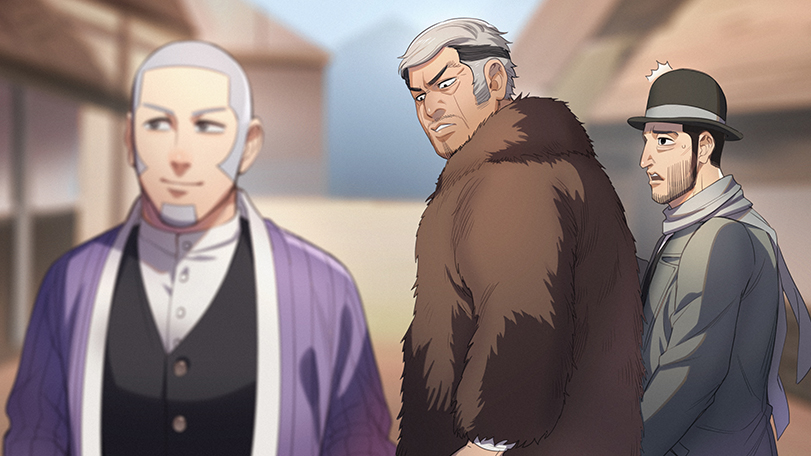 3boys black_eyes black_hair black_vest blurry_foreground character_request couple distracted_boyfriend_(meme) facial_hair foxvulpine fur_coat goatee golden_kamuy grey_hair hat jacket light_smile looking_at_another looking_down male_focus meme multicolored_hair multiple_boys old_man parody purple_jacket scarf shiraishi_yoshitake sideburns simple_background stubble two-tone_hair upper_body vest