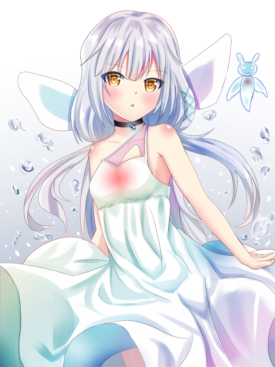 1girl bangs bare_arms bare_shoulders bestrix black_choker choker commentary dress eyebrows_visible_through_hair hair_ornament highres long_hair looking_at_viewer qualia_qu re:act silver_hair solo virtual_youtuber water_drop white_dress yellow_eyes