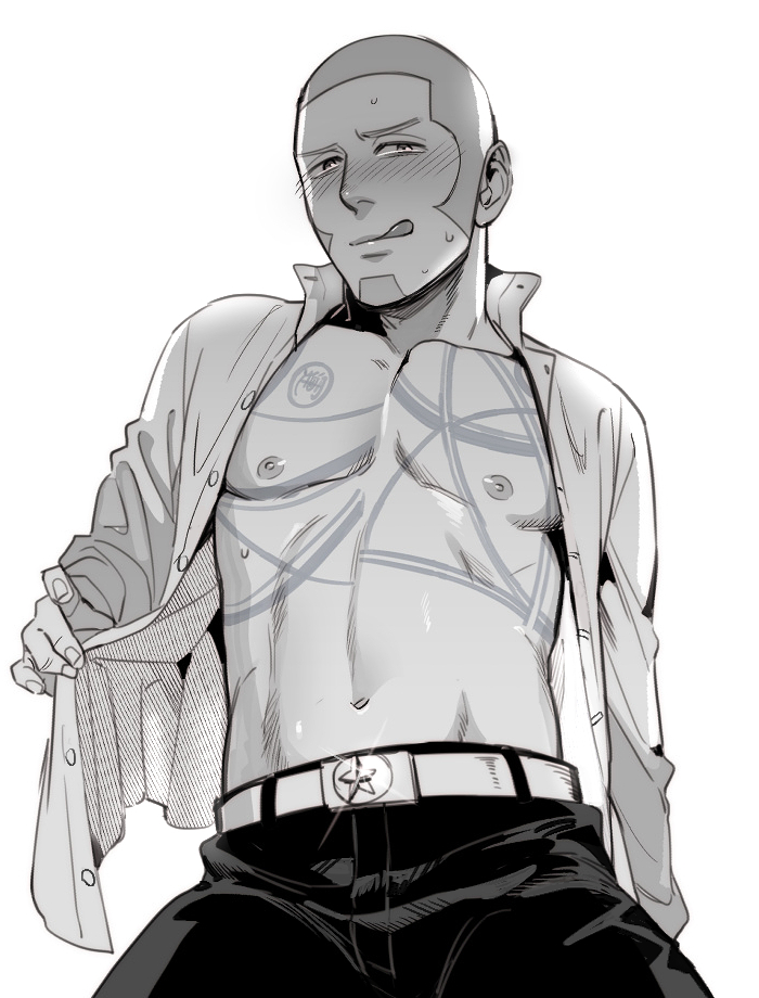1boy bare_pecs belt black_pants blush buzz_cut facial_hair foxvulpine goatee golden_kamuy greyscale licking_lips looking_at_viewer male_focus monochrome navel open_clothes open_shirt pants shiraishi_yoshitake short_hair sideburns simple_background solo toned toned_male tongue tongue_out undressing very_short_hair