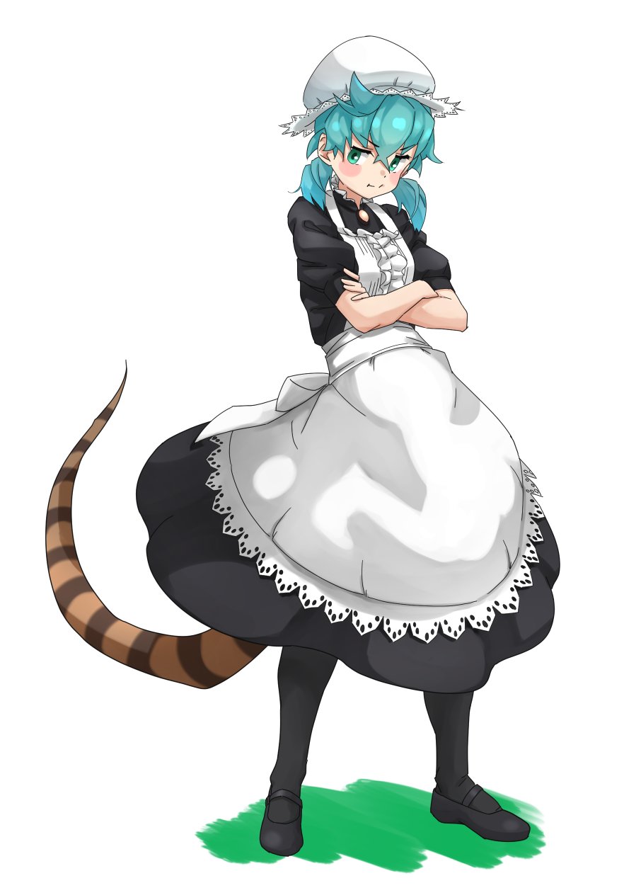 1girl :t alternate_costume alternate_hairstyle apron back_bow black_footwear black_legwear blue_eyes blue_hair blush bow center_frills collar commentary_request crossed_arms dress enmaided eyebrows_visible_through_hair frilled_collar frills full_body high_collar highres kemono_friends kemono_friends_3 long_dress maid maid_apron mary_janes pantyhose pout puffy_short_sleeves puffy_sleeves shoes short_hair short_sleeves short_twintails snake_print snake_tail solo tail tanabe_(fueisei) tsuchinoko_(kemono_friends) twintails white_apron white_dress white_headwear