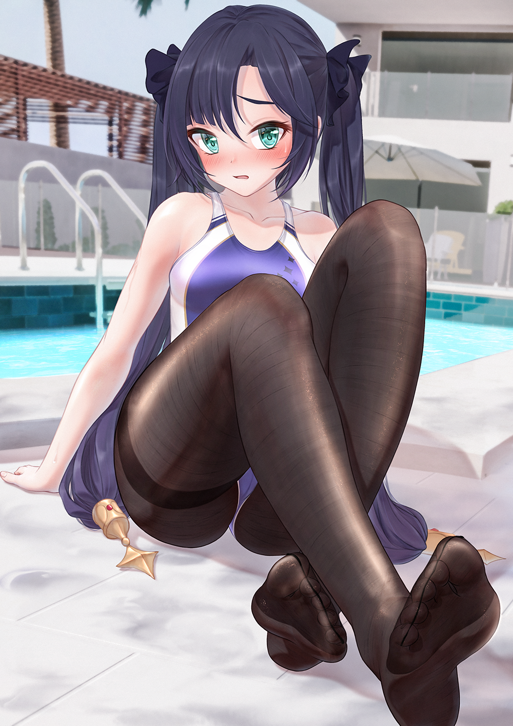 1girl alternate_costume aqua_eyes arm_support ass bae.c bare_arms bare_shoulders black_hair black_legwear blush bow breasts competition_swimsuit feet fine_fabric_emphasis genshin_impact hair_bow highres knees_up long_hair looking_at_viewer medium_breasts mona_(genshin_impact) no_shoes nose_blush one-piece_swimsuit open_mouth pantyhose pool purple_swimsuit shiny shiny_clothes shiny_legwear sitting solo swimsuit thighband_pantyhose toes twintails very_long_hair