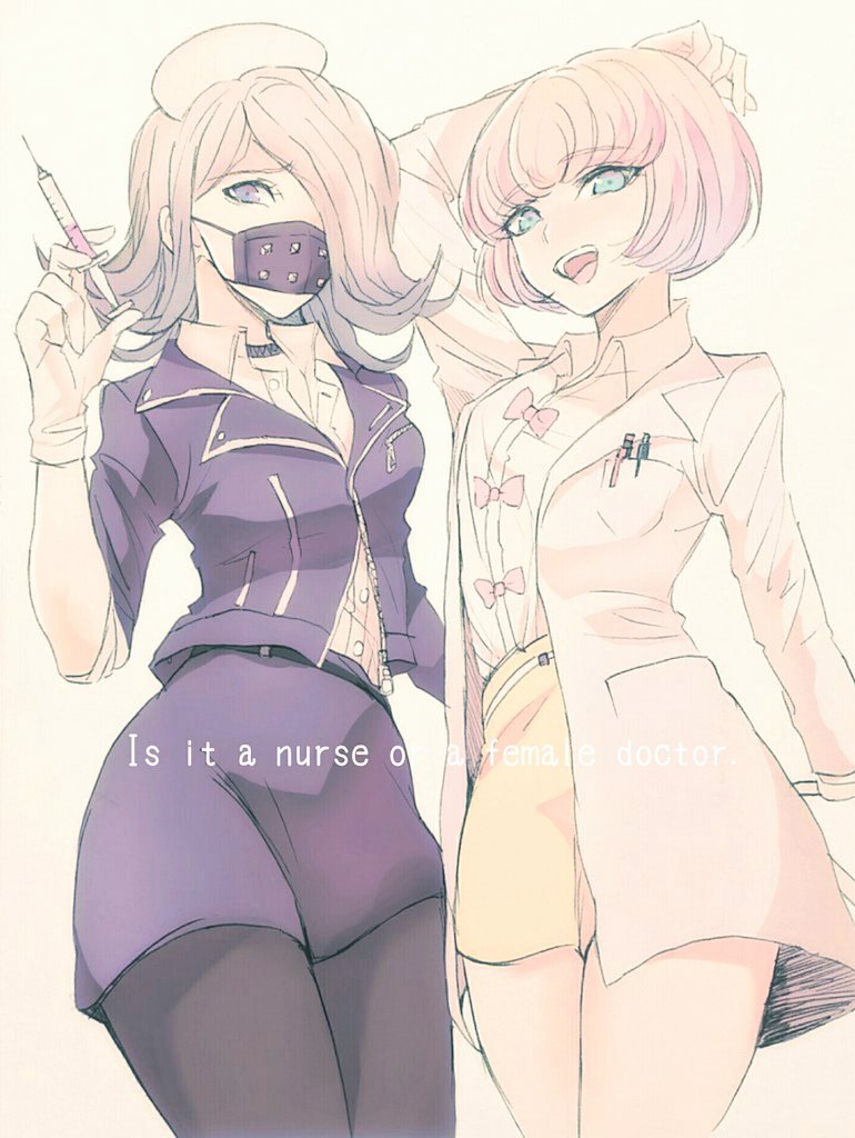 2girls :d andou_ruruka arm_up bangs black_legwear black_mask bow breasts coat collared_shirt cowboy_shot dangan_ronpa_(series) dangan_ronpa_3_(anime) dress_shirt english_text eyebrows_visible_through_hair gloves grey_hair hand_up holding jacket kimura_seiko labcoat looking_at_viewer mask medium_breasts medium_hair mouth_mask multiple_girls nurse open_clothes open_coat open_mouth pantyhose pink_bow pink_hair purple_jacket purple_skirt rexmmik shirt short_hair skirt smile syringe upper_teeth violet_eyes white_gloves