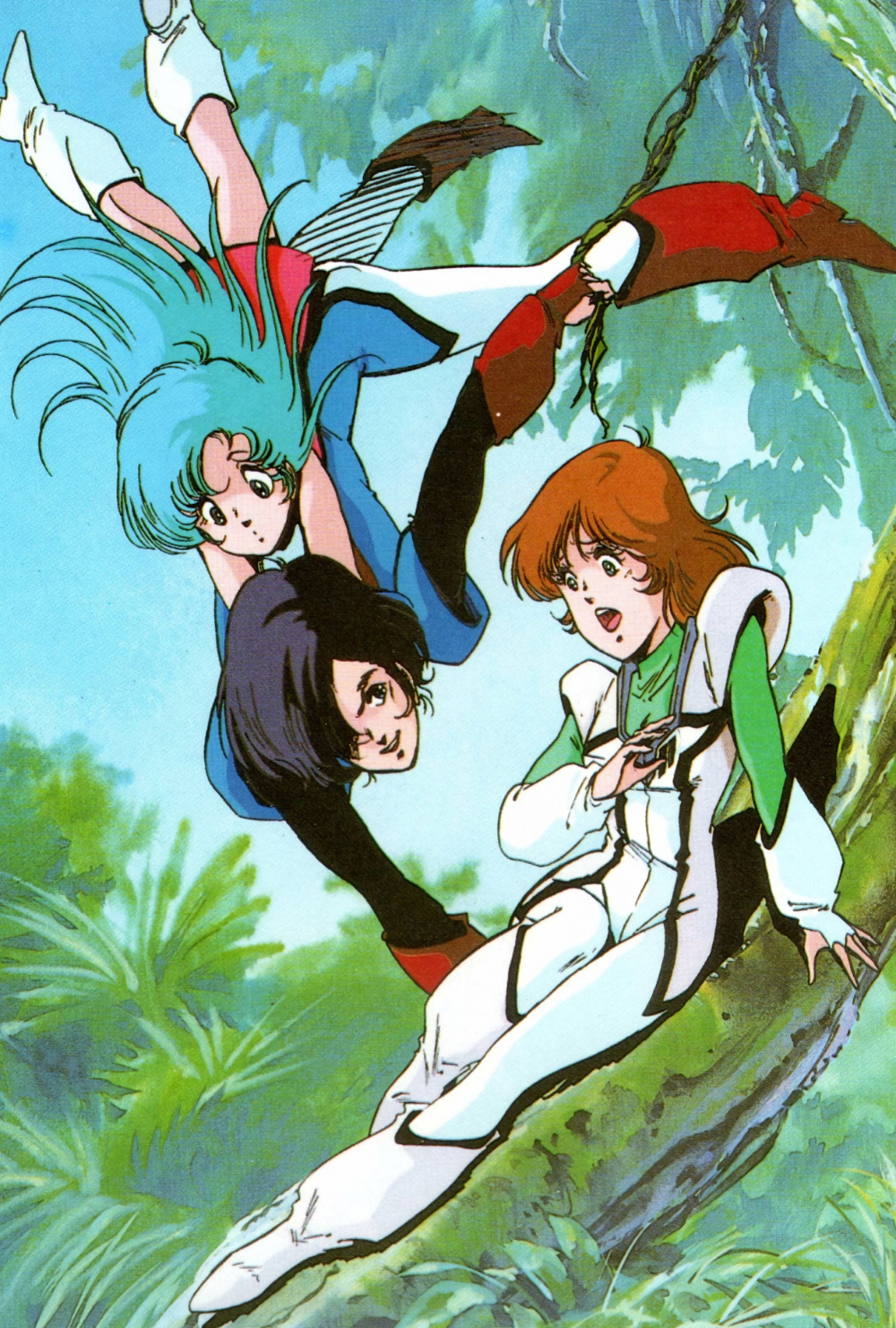 1980s_(style) 1boy 2girls amused android black_hair bodysuit boots brown_hair child choujikuu_seiki_orguss dress emaan falling fingerless_gloves forest gloves highres holding jumping jungle katsuragi_kei lying mikimoto_haruhiko mimsy_raas mome_(orguss) mullet multiple_girls nature official_art official_style orguss pilot_suit production_art promotional_art retro_artstyle riding scan scared science_fiction skirt source_request traditional_media tree tree_stump uniform