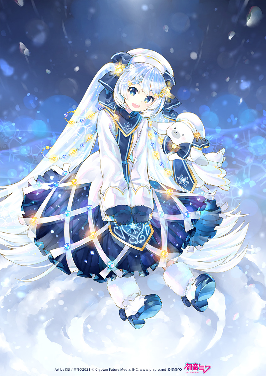 1girl 1other beret blue_bow blue_collar blue_eyes blue_gloves blue_tabard blurry bokeh book boots bow braid christmas_lights collar commentary crypton_future_media depth_of_field dress full_body fur-trimmed_boots fur_trim gloves gold_trim hair_ornament hairclip hat hatsune_miku highres holding holding_book kei_(keigarou) lens_flare light_blue_hair long_hair looking_at_viewer musical_note_hair_ornament night official_art open_mouth piapro rabbit_yukine smile snow snowflake_print snowing tabard twintails very_long_hair vocaloid white_dress white_headwear yuki_miku yuki_miku_(2021)