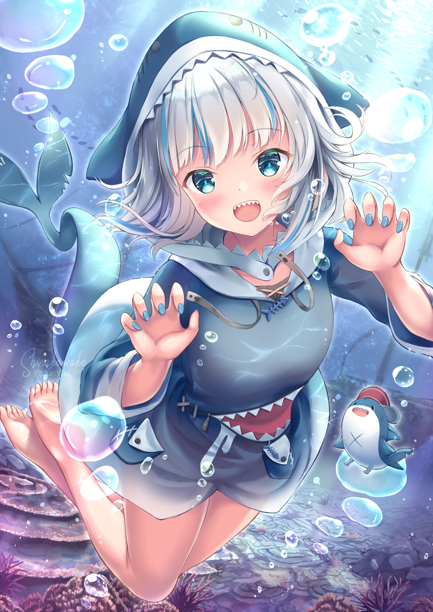 1girl :d air_bubble barefoot bloop_(gawr_gura) blue_eyes blue_hair blue_hoodie blue_nails breasts bubble claw_pose collarbone commentary_request day drawstring fish_tail gawr_gura hands_up highres hololive hololive_english hood hood_up hoodie long_sleeves looking_at_viewer multicolored_hair nail_polish open_mouth outdoors revision shark_tail sharp_teeth shirakawako small_breasts smile soles streaked_hair tail teeth underwater virtual_youtuber water