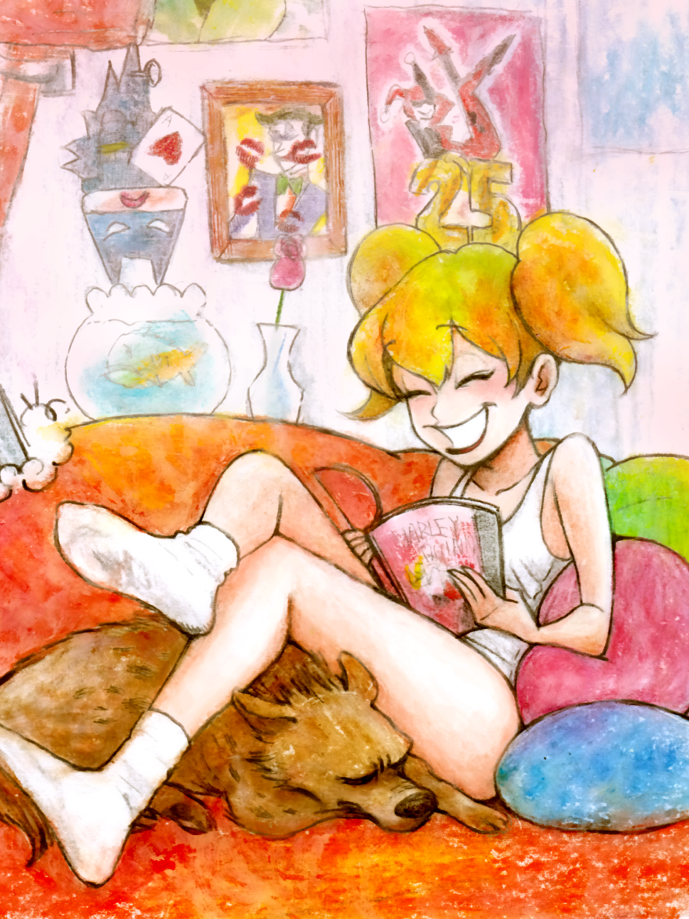 batman batman_(series) blonde_hair book card dc_comics fish flower harley_quinn highres hyena joker laughing lipstick makeup pillow playing_card reading sitting smile socks tank_top western_comics yuki_touko