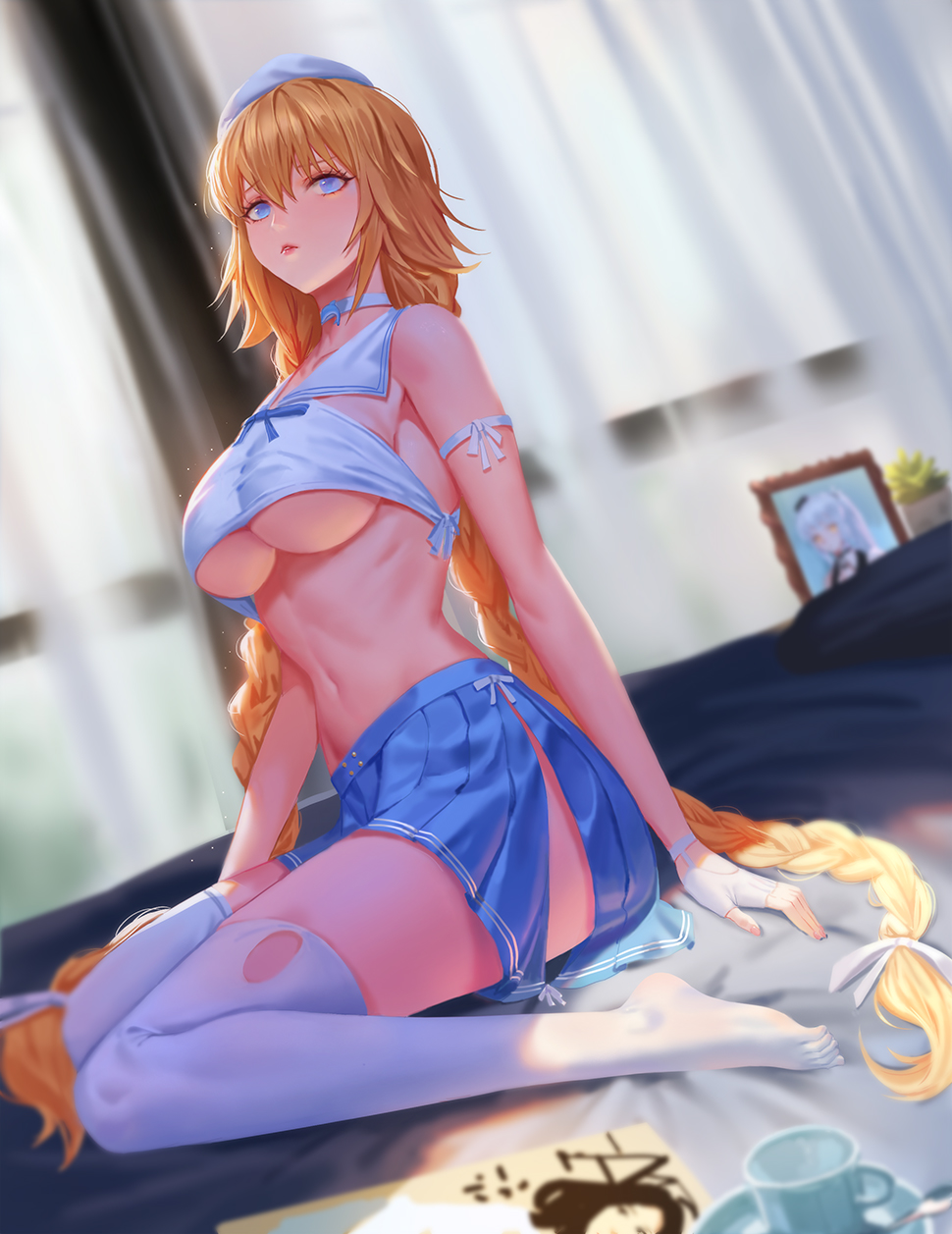1girl bed blonde_hair blue_eyes blue_skirt breasts cup fate/apocrypha fate/grand_order fate_(series) feet hat highres jeanne_d'arc_(fate) jeanne_d'arc_(fate)_(all) long_hair looking_at_viewer mystery_treasure sansan_(dongfangzhong111) skirt tank_top thigh-highs under_boob very_long_hair white_headwear white_legwear