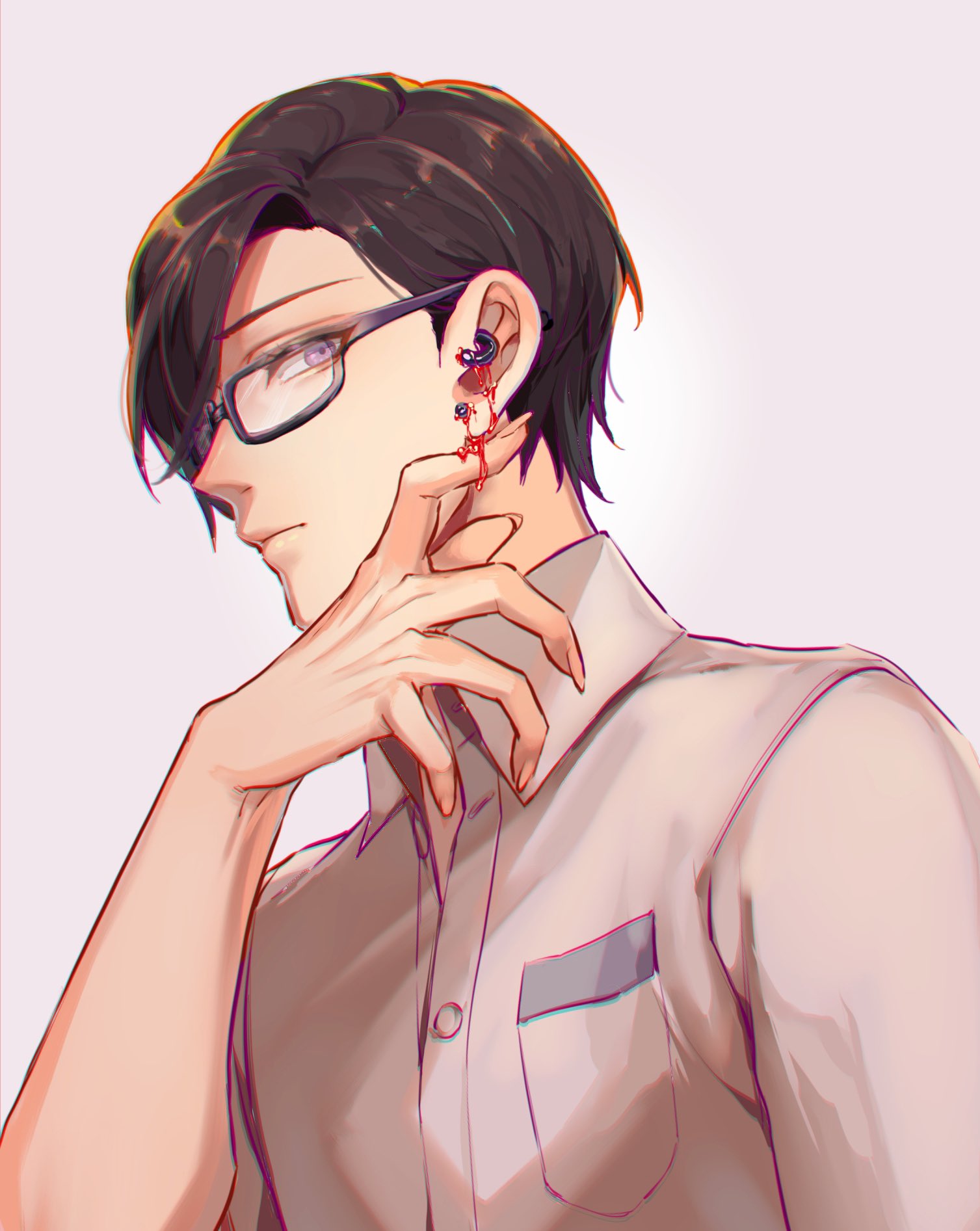 1boy bangs beige_shirt breast_pocket brown_hair character_request club_suicide commentary_request earrings glasses grey_background hand_on_ear hand_up highres jewelry looking_at_viewer male_focus nanin pocket profile shirt short_hair sideways_glance simple_background solo upper_body