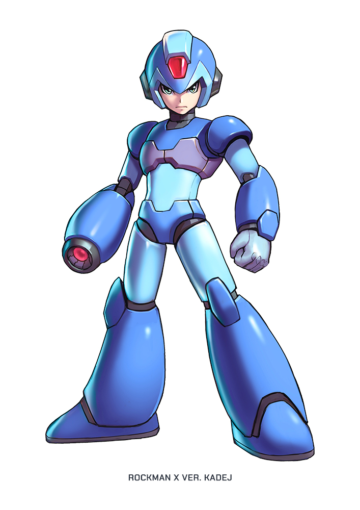 1boy android arm_cannon blue_eyes character_name clenched_hand full_body helmet kadej looking_at_viewer redesign rockman rockman_x solo standing weapon white_background x_(rockman)