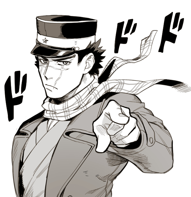 1boy black_eyes black_hair commentary_request foxvulpine golden_kamuy greyscale hat imperial_japanese_army jojo_no_kimyou_na_bouken jojo_pose kepi long_sleeves male_focus military_hat monochrome pointing pointing_at_viewer pose scar scar_on_cheek scar_on_face scar_on_mouth scar_on_nose scarf short_hair simple_background solo sound_effects sugimoto_saichi upper_body