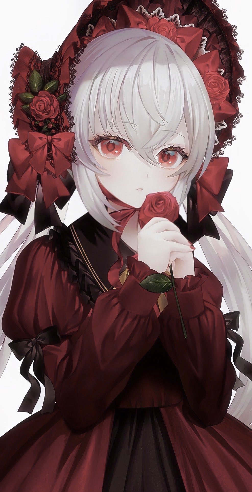 1girl abandon_ranka bangs black_bow bonnet bow commentary_request dress eyebrows_visible_through_hair flower grey_hair hair_bow hands_up highres holding holding_flower juliet_sleeves lolita_fashion long_hair long_sleeves looking_at_viewer original own_hands_together parted_lips puffy_sleeves red_dress red_eyes red_flower red_nails red_rose rose solo twintails upper_body