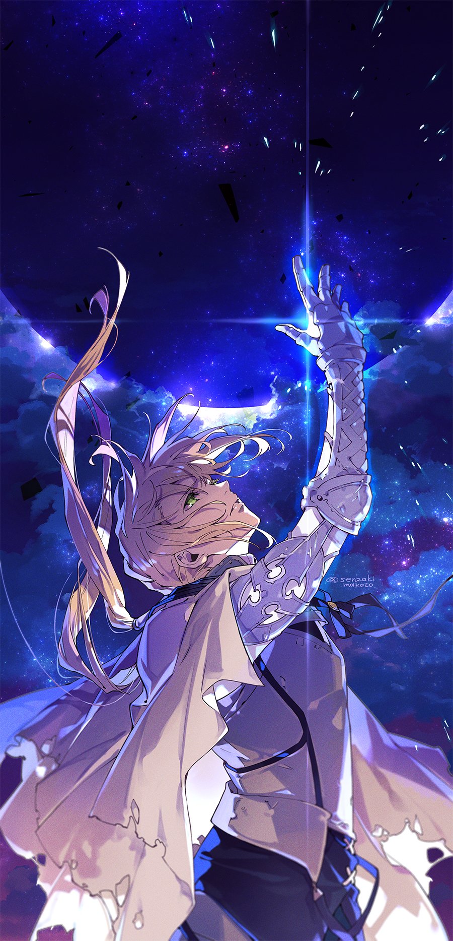 1boy armor bedivere breastplate cape clouds commentary_request eyebrows_visible_through_hair fallstreak_hole fate/grand_order fate_(series) floating_hair glowing green_eyes hair_between_eyes hair_tubes highres knight long_hair looking_up male_focus night night_sky outdoors parted_lips ponytail prosthesis prosthetic_arm senzaki_makoto silver_hair sky solo star_(sky) starry_sky teeth torn_cape torn_clothes twitter_username white_cape
