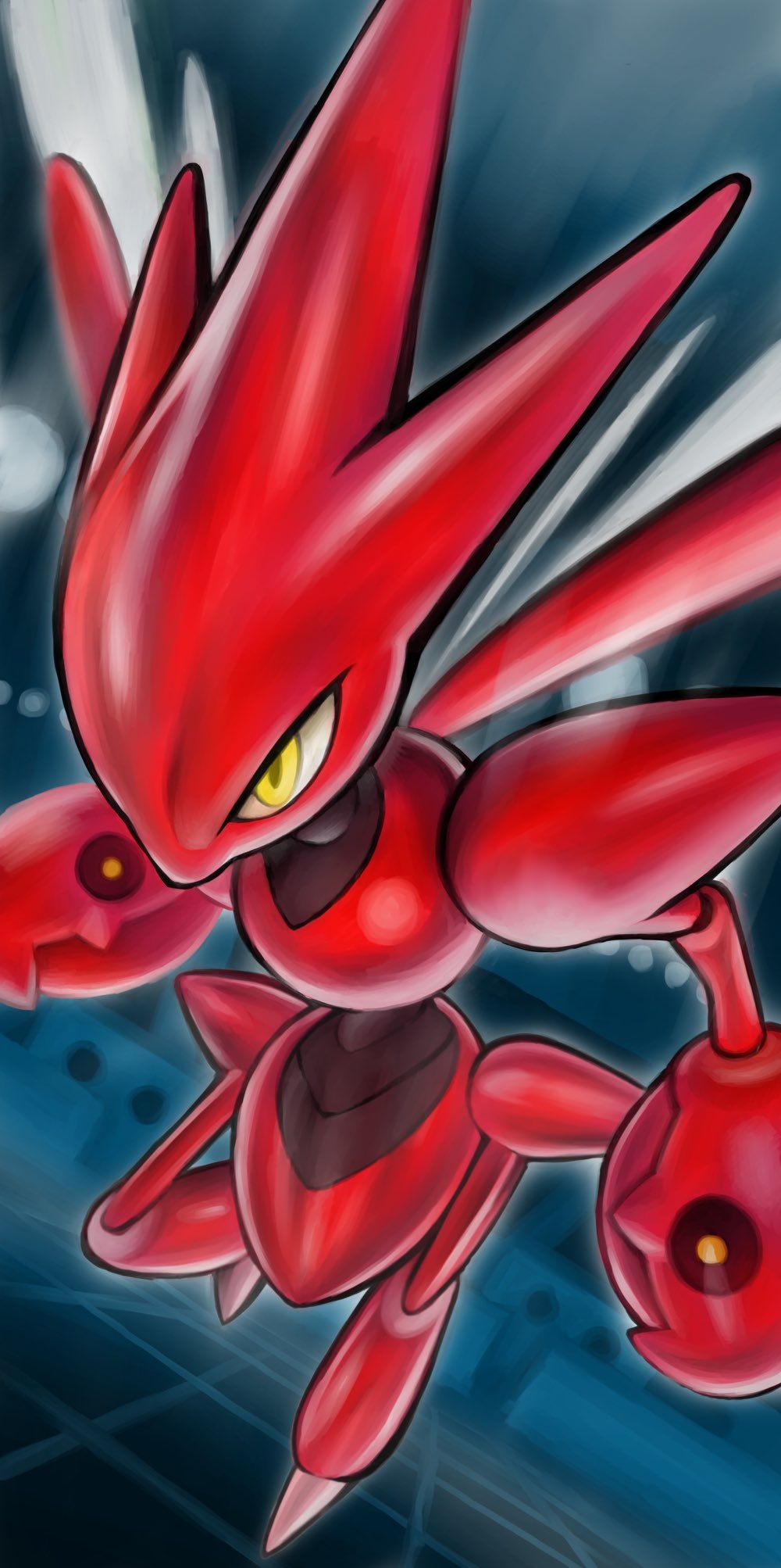 claws commentary_request gen_2_pokemon glowing highres insect_wings no_humans pokemon pokemon_(creature) scizor shiny solo teo_drill tile_floor tiles wings yellow_eyes