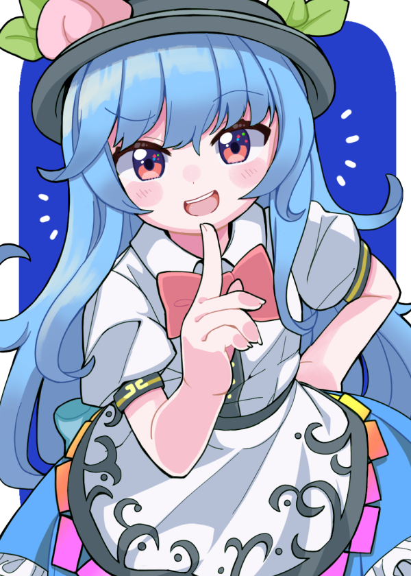 :d apron bangs black_headwear blue_background blue_hair blue_skirt blush_stickers bow collared_shirt commentary_request dress_shirt eyebrows_visible_through_hair frilled_skirt frills hair_between_eyes hat hinanawi_tenshi looking_at_viewer notice_lines open_mouth red_bow red_eyes shirt skirt smile touhou two-tone_background upper_teeth waist_apron white_apron white_background white_shirt yamase