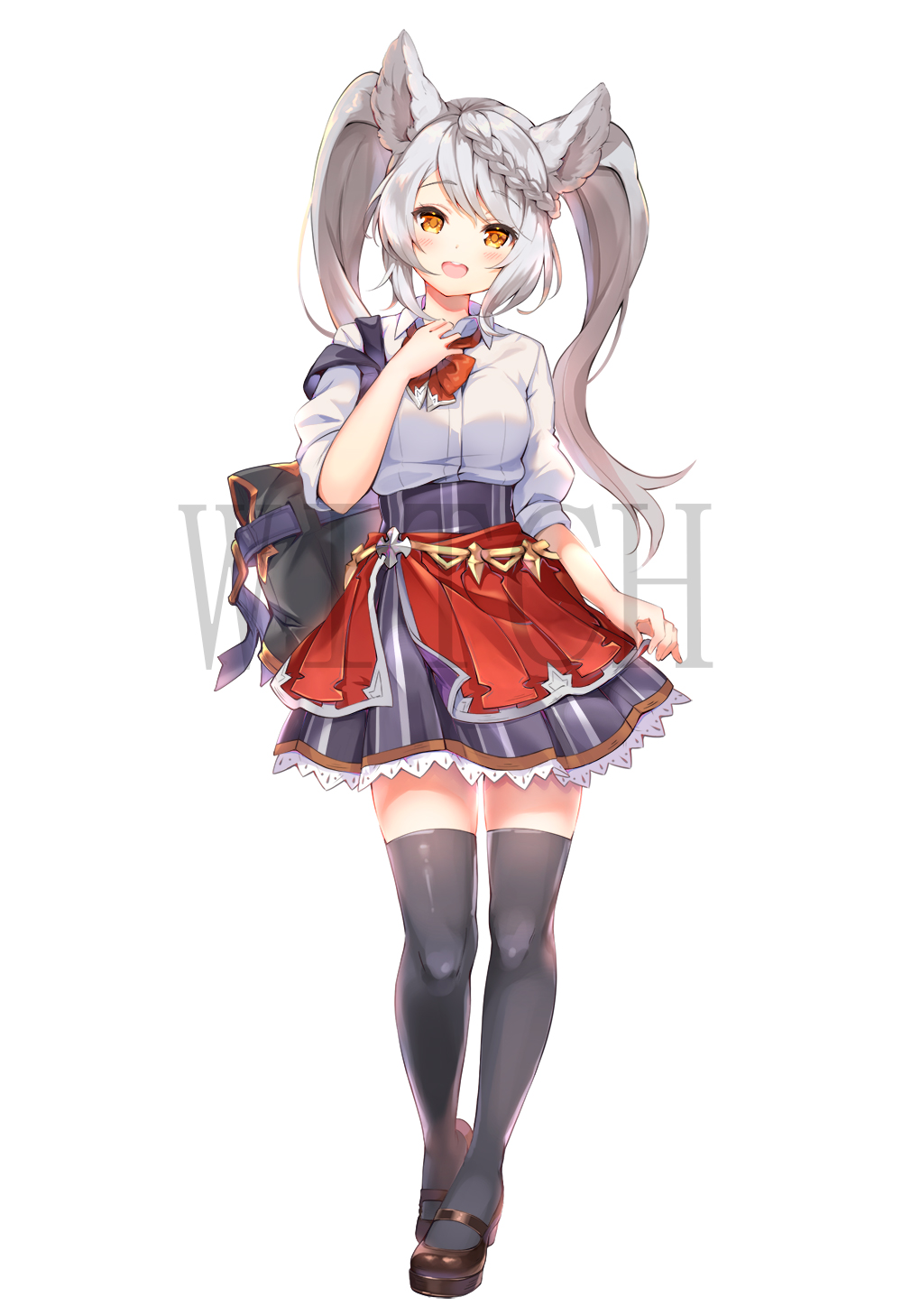 1girl :d animal_ears bag bangs black_legwear blush braid breasts brown_footwear collared_shirt commentary_request erune eyebrows_visible_through_hair fraux full_body granblue_fantasy grey_hair grey_skirt hand_up highres long_hair looking_at_viewer open_mouth orange_eyes pilokey pleated_skirt puffy_short_sleeves puffy_sleeves school_uniform shirt shoes short_sleeves simple_background skirt small_breasts smile solo standing striped thigh-highs twintails upper_teeth vertical-striped_skirt vertical_stripes very_long_hair watermark white_background white_shirt